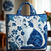 Blue And White Floral Cat Print Quited Tote Bag by Inlyline