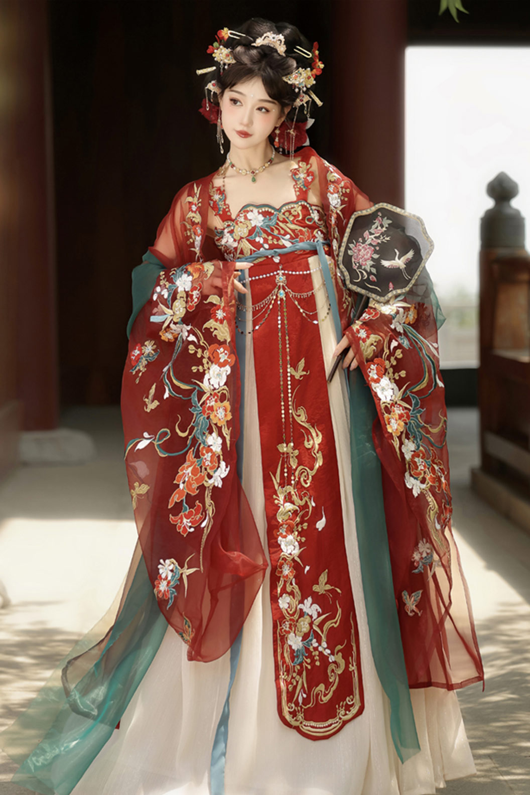 Tang Dynasty Red Hanfu Dress with Hezi Skirt and Heavy Embroidery - ruyijinchai 如意金钗 Stupa Stones