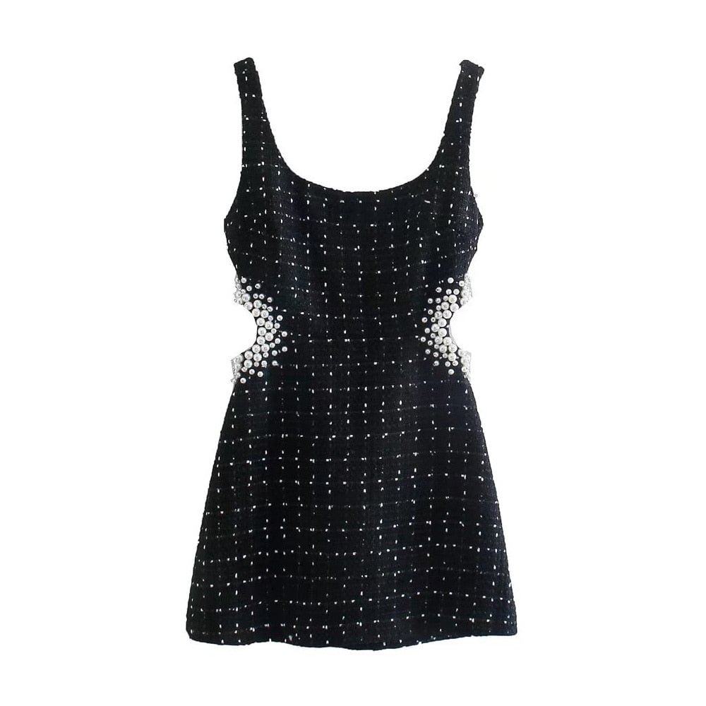 TRAF Women Fashion With Pearl Beads Hollow Out Tweed Mini Dress Vintage Backless Zipper Wide Straps Female Dresses Vestidos