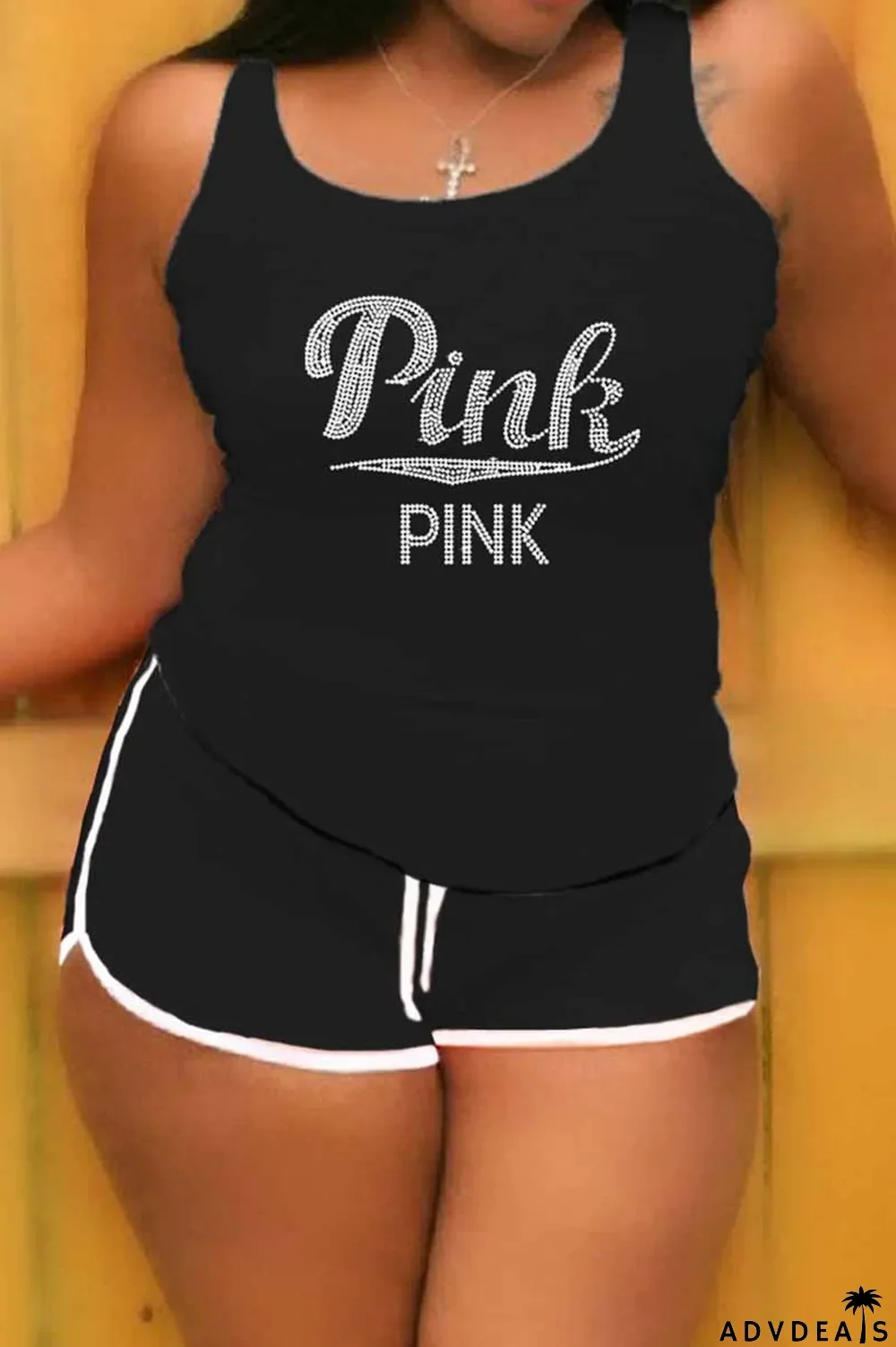 Khaki Casual Letter Hot Drill U Neck Plus Size Two Pieces