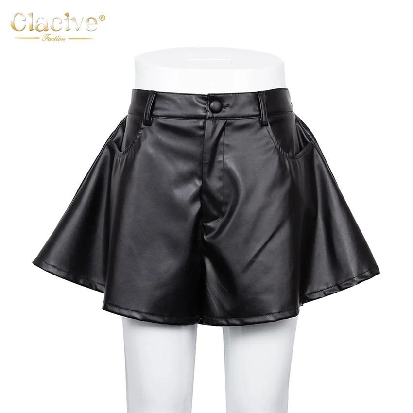 Clacive Fashion White Pu Leather Women Shorts Casual High Waist Ladies Shorts Elegant Pocket Office Shorts Female Chic Bottoms