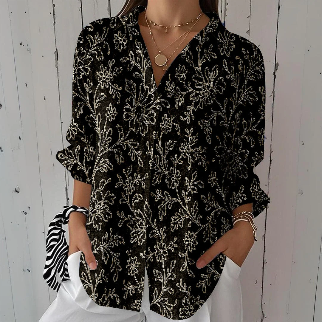 Style & Comfort for Mature Women Women Floral, Black, White DZCL0108 3/4 Sleeve Shirt Collar Printed Button Tops