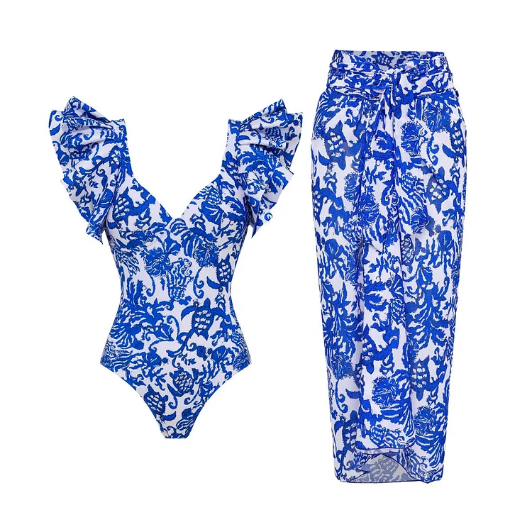 Ruffle Blue and White Porcelain Printed One Piece Swimsuit and Sarong