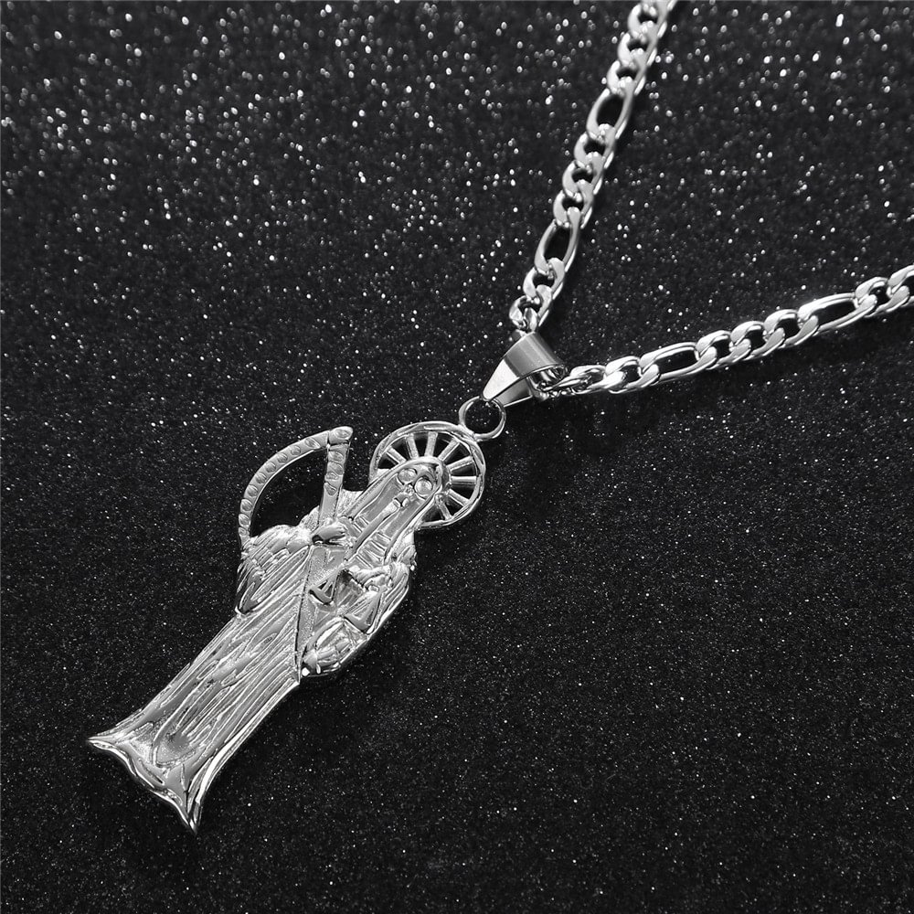Silver Santa Muerte Charm Pendant Necklace-VESSFUL