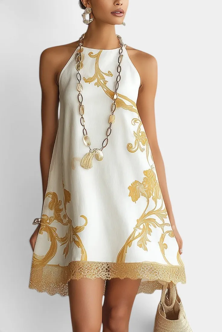 Baroque Print Halter Dress with Lace Hem