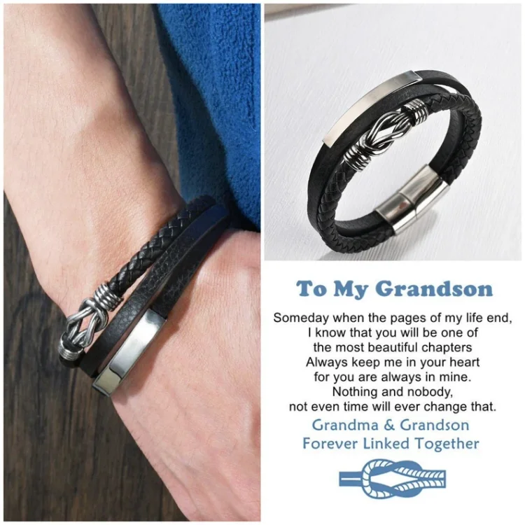 To My Grandson Customized Infinity Knot Leather Bracelet Bracelet "Forever Linked Together" Inspirational Gifts For grandon