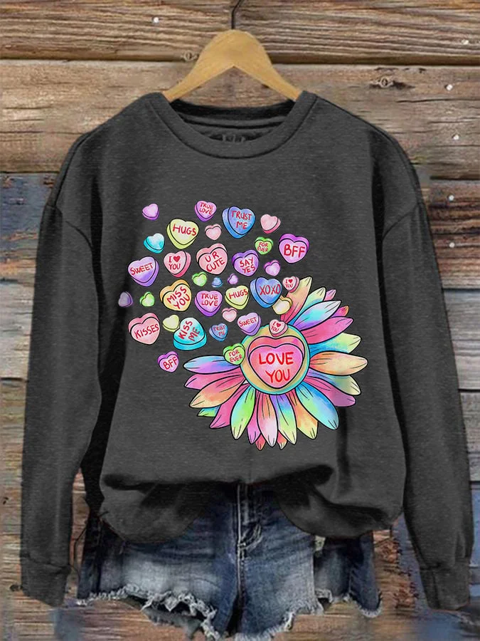 Women's Valentine's Day LOVE YOU Sunflower Candy Print Sweatshirt