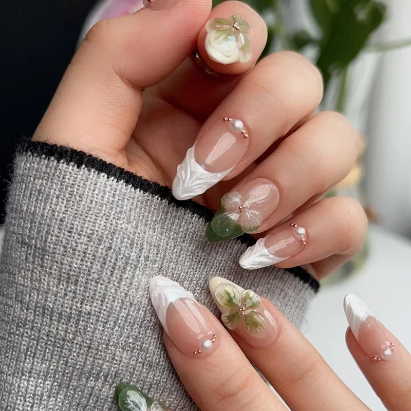 Qinice 24Pcs Sweet Short Almond French False Nails with Glue 3D Wave Nail Pattern Floral Pink Blush Press on Acrylic Nail Manicure Tips