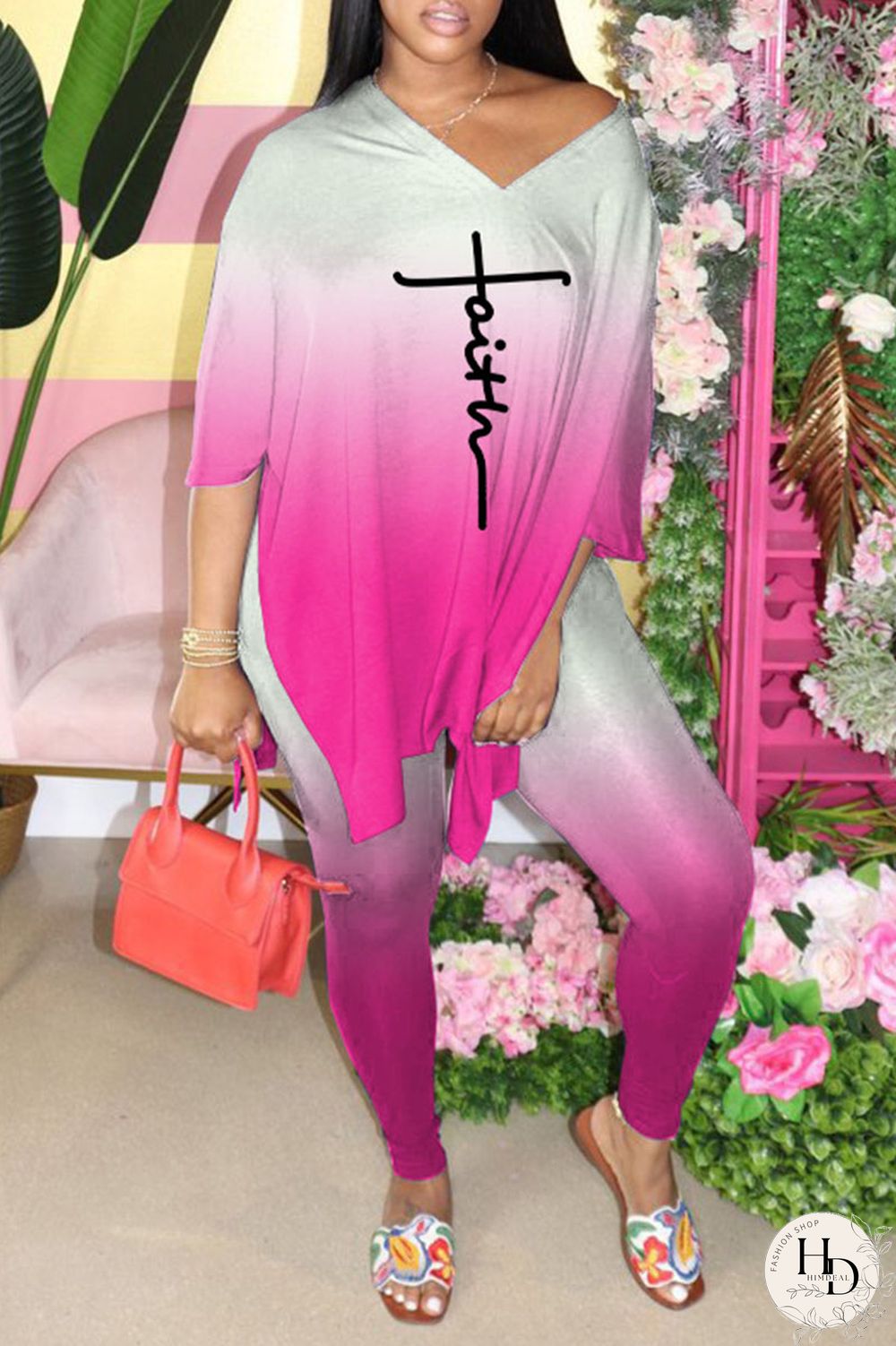 Blue Casual Gradual Change Print Patchwork Slit V Neck Half Sleeve Two Pieces