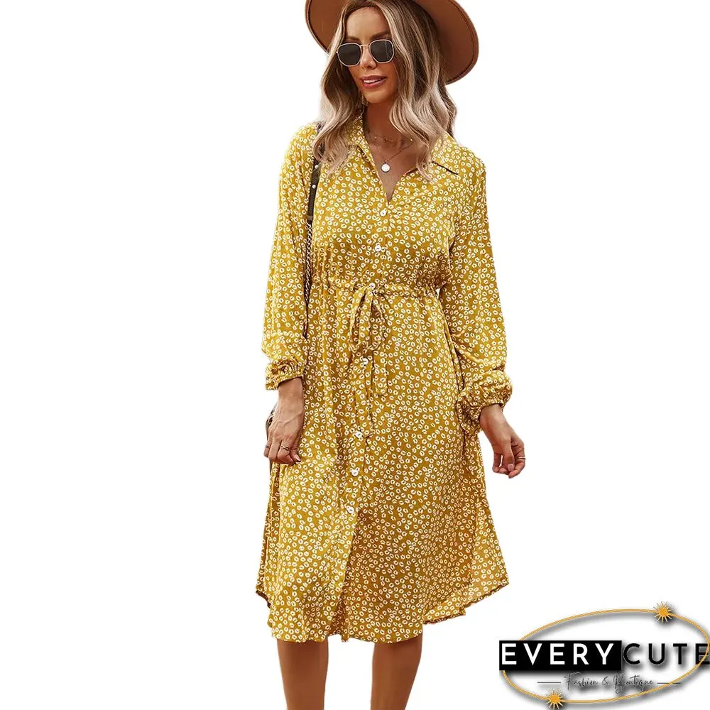 Yellow Floral Print Button Tie Waist Shirt Dress