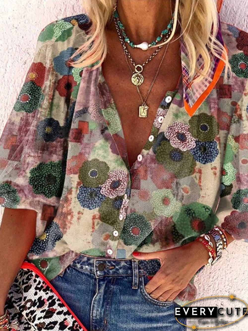 Button Round-Neck Long Sleeve Print Blouse P10411