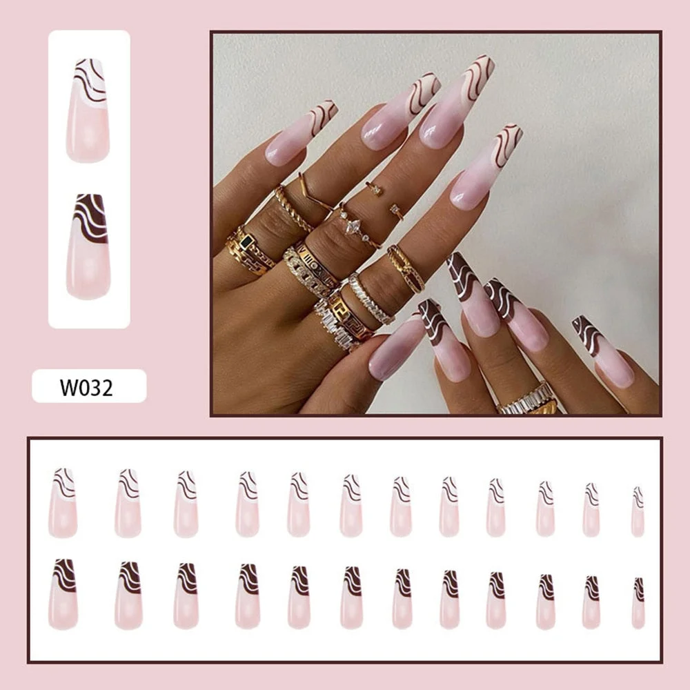 24pcs/Box Detachable Wavy lines nail Long Ballerina False Nails Wearable Coffin Fake Nails Full Cover Nail Tips Press On Nails