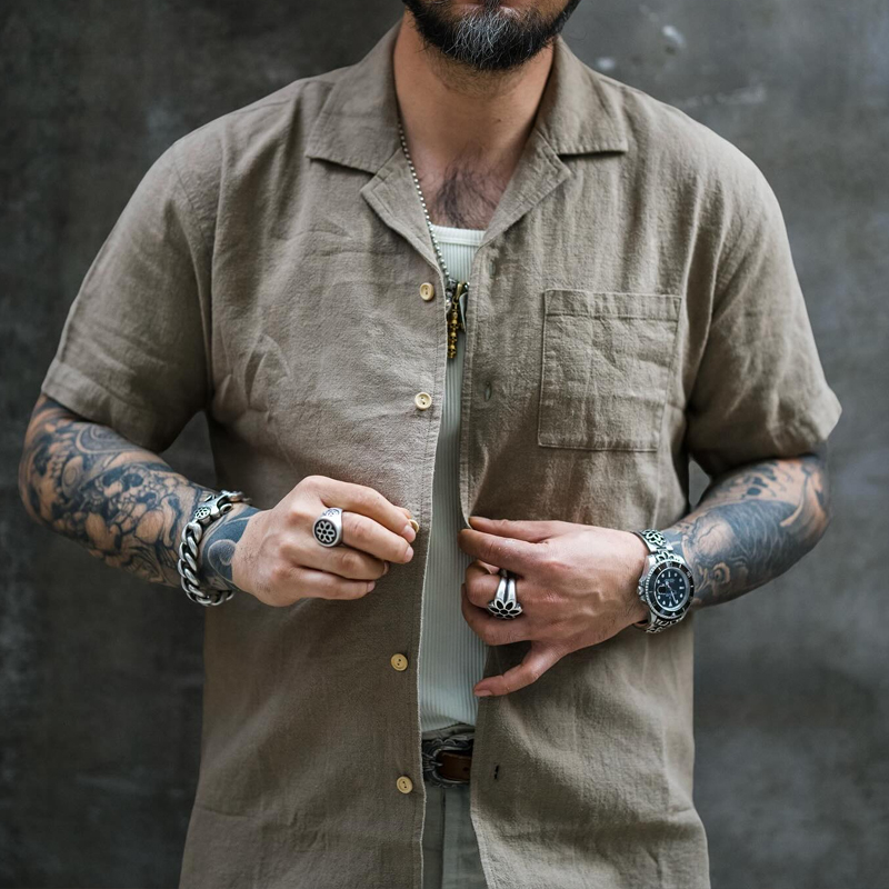Men's Khaki Single Breasted Cuban Collar Shirt