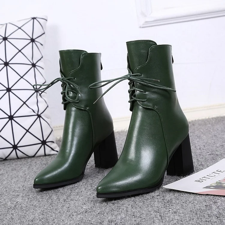 Custom Made Green Chunky Heel Lace up Boots |FSJ Shoes