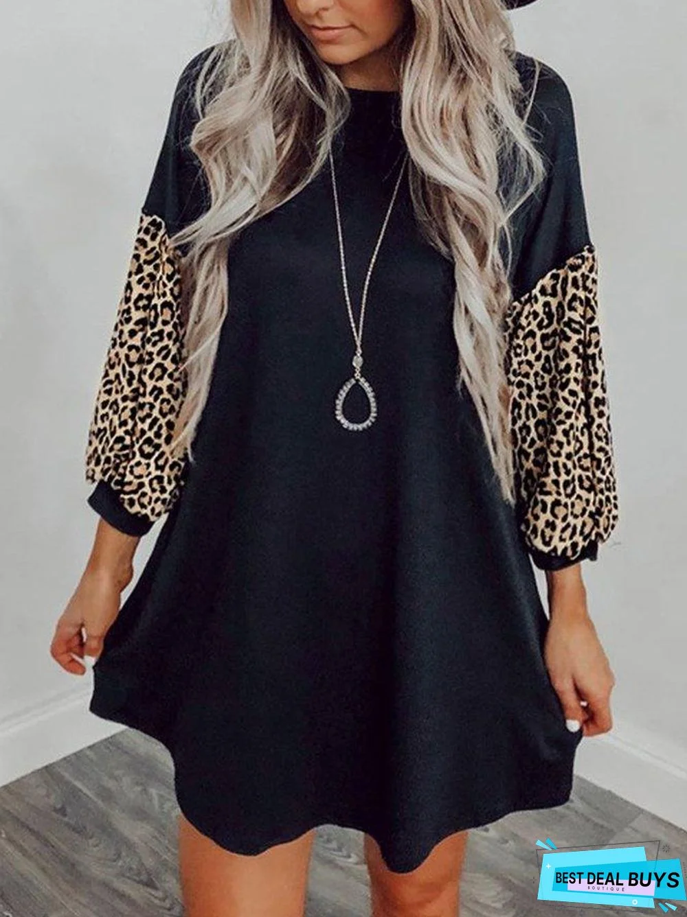 Leopard Loosen Round Neck Dresses Black Dresses