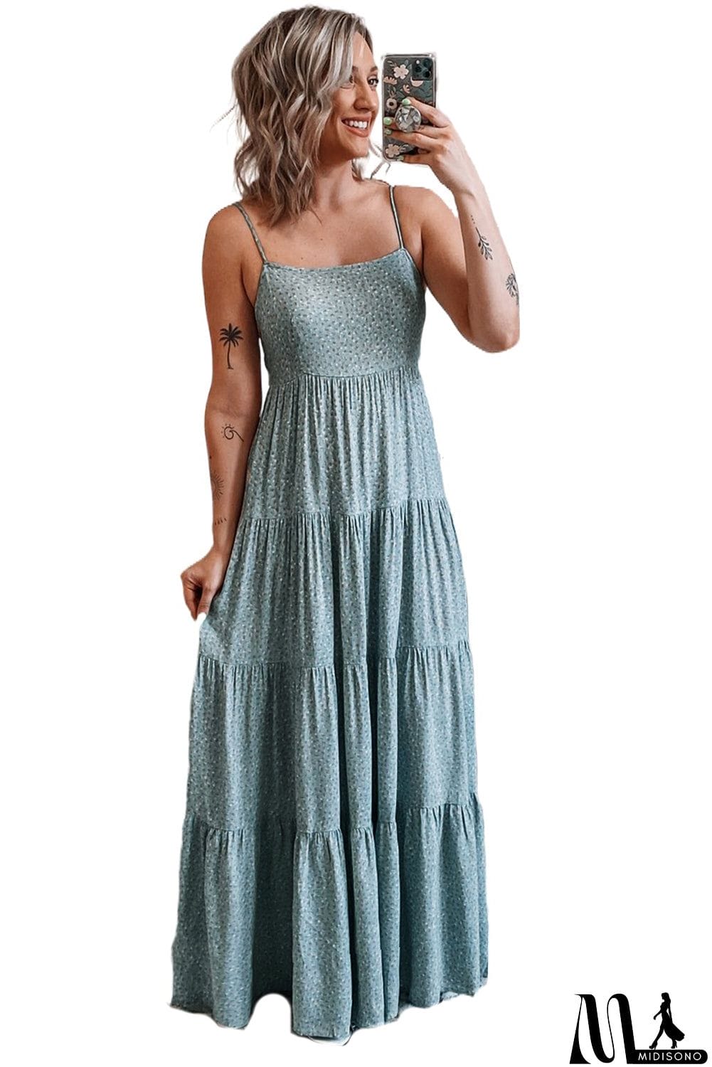 MidiSono - Spaghetti Straps Floral Print Tiered Maxi Dress