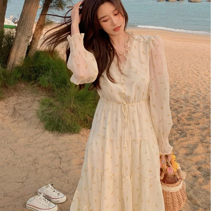 Budgetg V-neck Elegant Sweet Dress Women Long Sleeve Chiffon Floral Dress Party Beach Dress for Lady Korean Style 2021 Summer Chic 14695