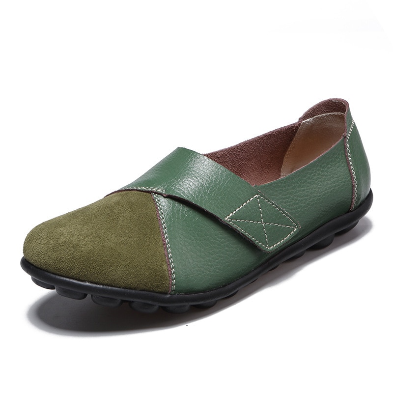 Women's Genuine Leather Velcro Slip-On Non-Slip Soft Flats Women's Shoes | ARKGET