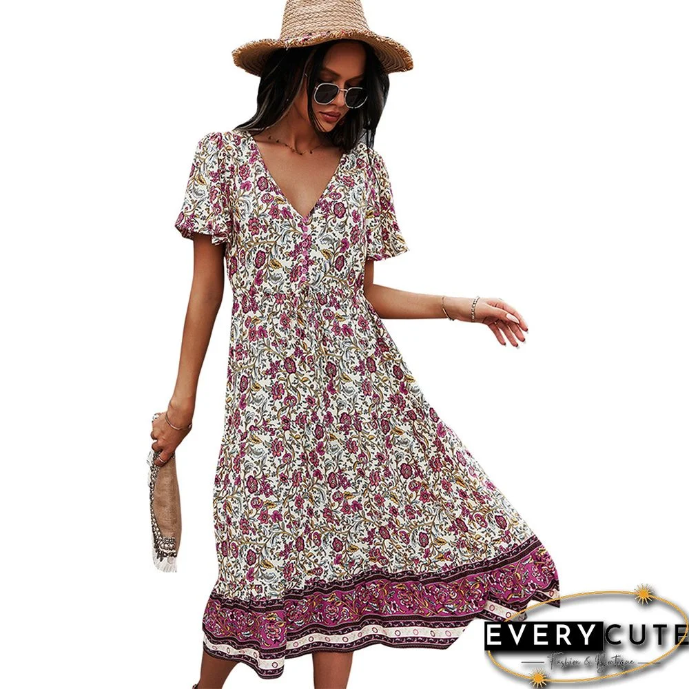 White Short Sleeve V Neck Boho Dress