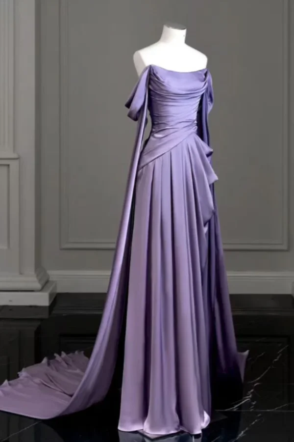 Lussooy Enchanting Satin Off the Shoulder Strapless Purple Prom Dress with Train 