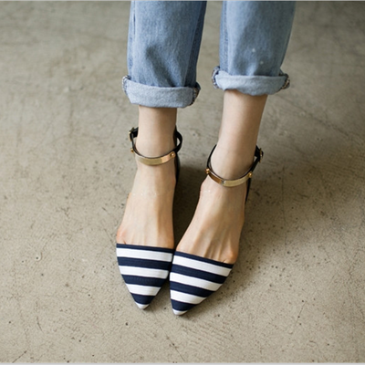 Navy and White Striped Comfortable Ankle Strap Flats Vdcoo