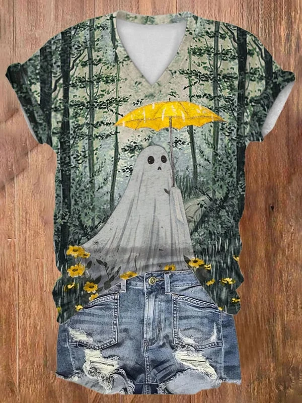 Women's Casual Ghost Art Printed Short Sleeve T-Shirt