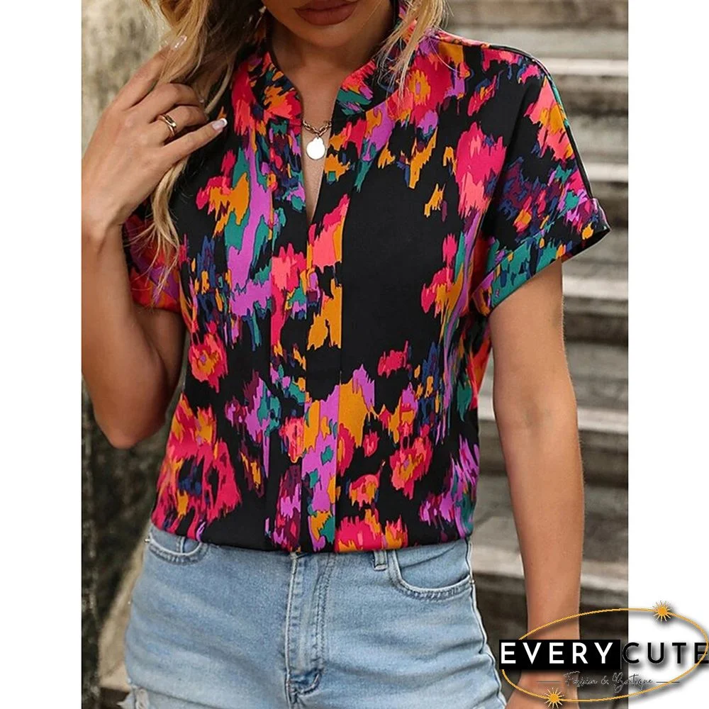 Red Multicolor Floral Printed Short Sleeve Top