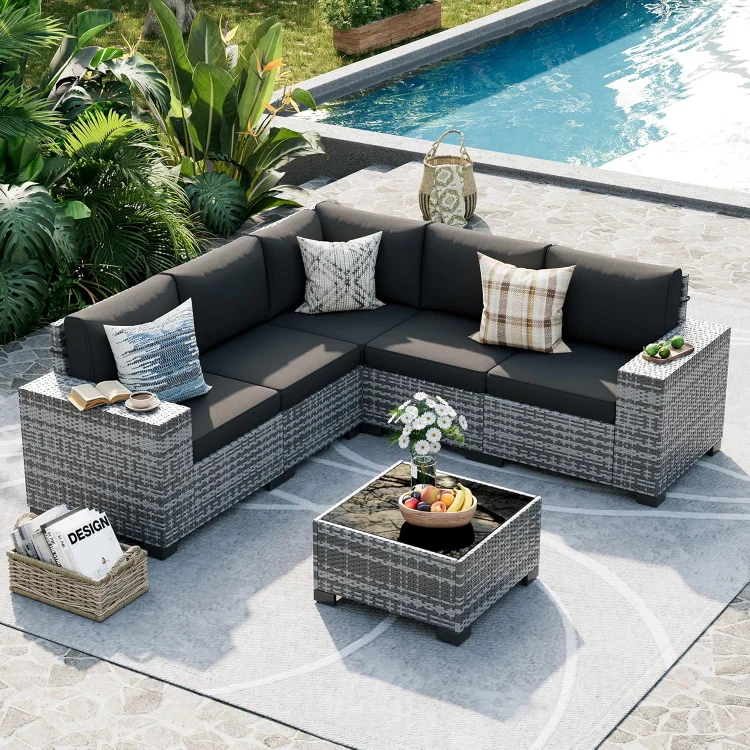 Patio Furniture Set, 8 Inch Armrest Outdoor Sectional Sofa, 6 Piece Wicker Outdoor Furniture Conversation Sets with Waterproof Cover and Coffee Table for Backyard Deck