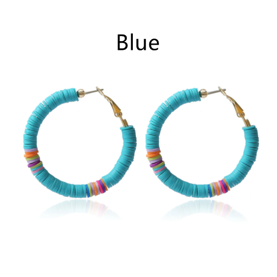 6 Color Mixed Color Round Soft Pottery Hoop Dangle Earrings Bohemian Polymer Clay Disc Beads Hoop Earrings For Women Girl Jewelry