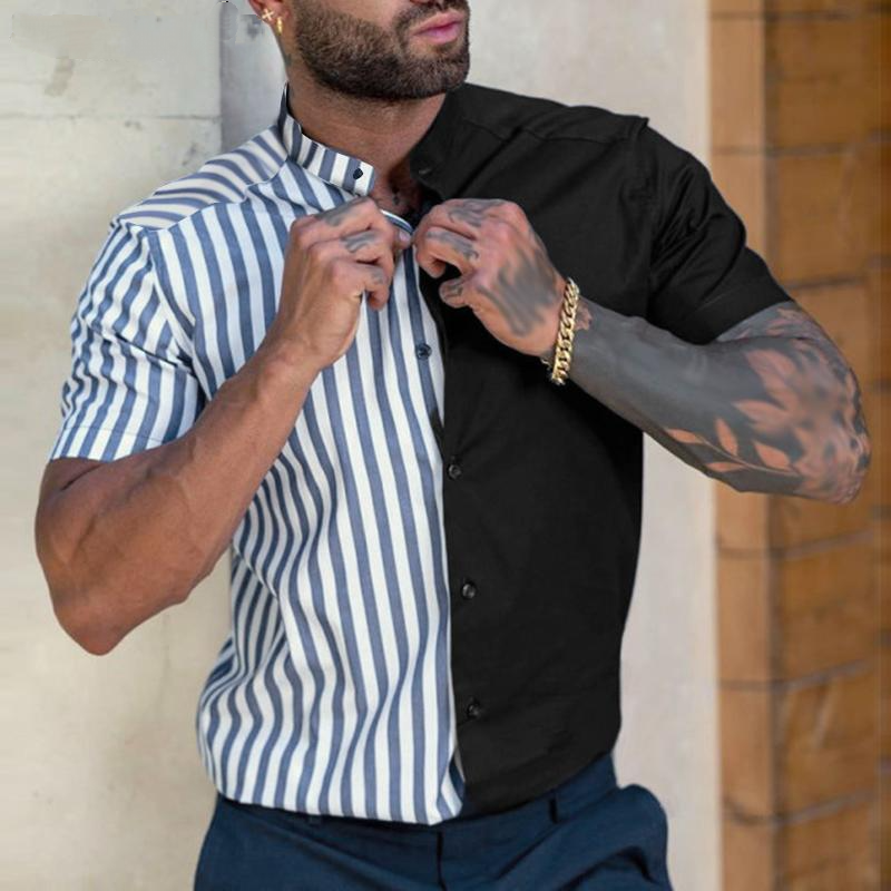 Men's Striped Tops Short Sleeve Patchwork Shirts-VESSFUL