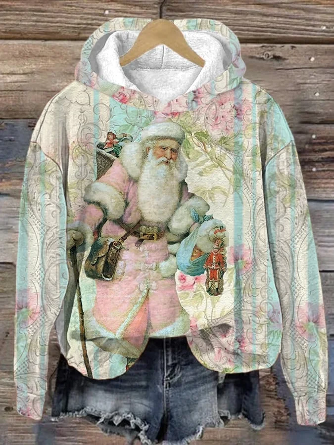 Women's Pink Vintage Santa Print Hoodie