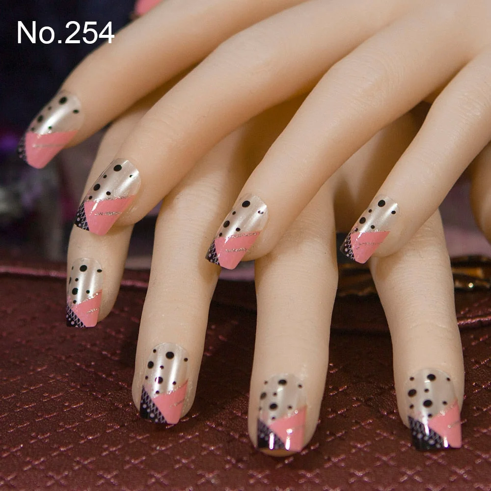 Fashion 24pc/set 10 Sizes Fake Nails Full Cover French False Nail Tips With Double-Sided Nail Adhesive Sticker 254
