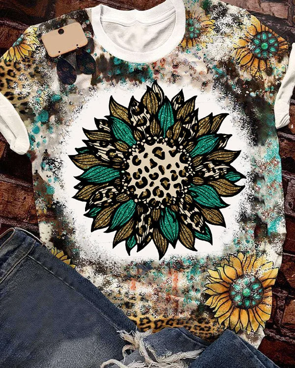 Jewelry Sunflower Leopard Sequin Print Bleached Shirt