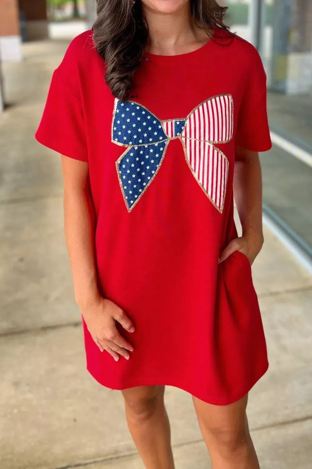 Sequin Trim Stars and Stripes Bow Patched T Shirt Mini Dress mysite idetrend