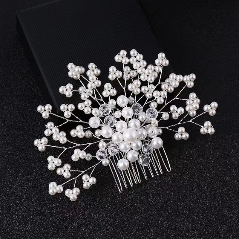 Bridal Crown Flower Alloy Plating Hollow Out Inlay Rhinestones Pearl Insert Comb 1 Piece