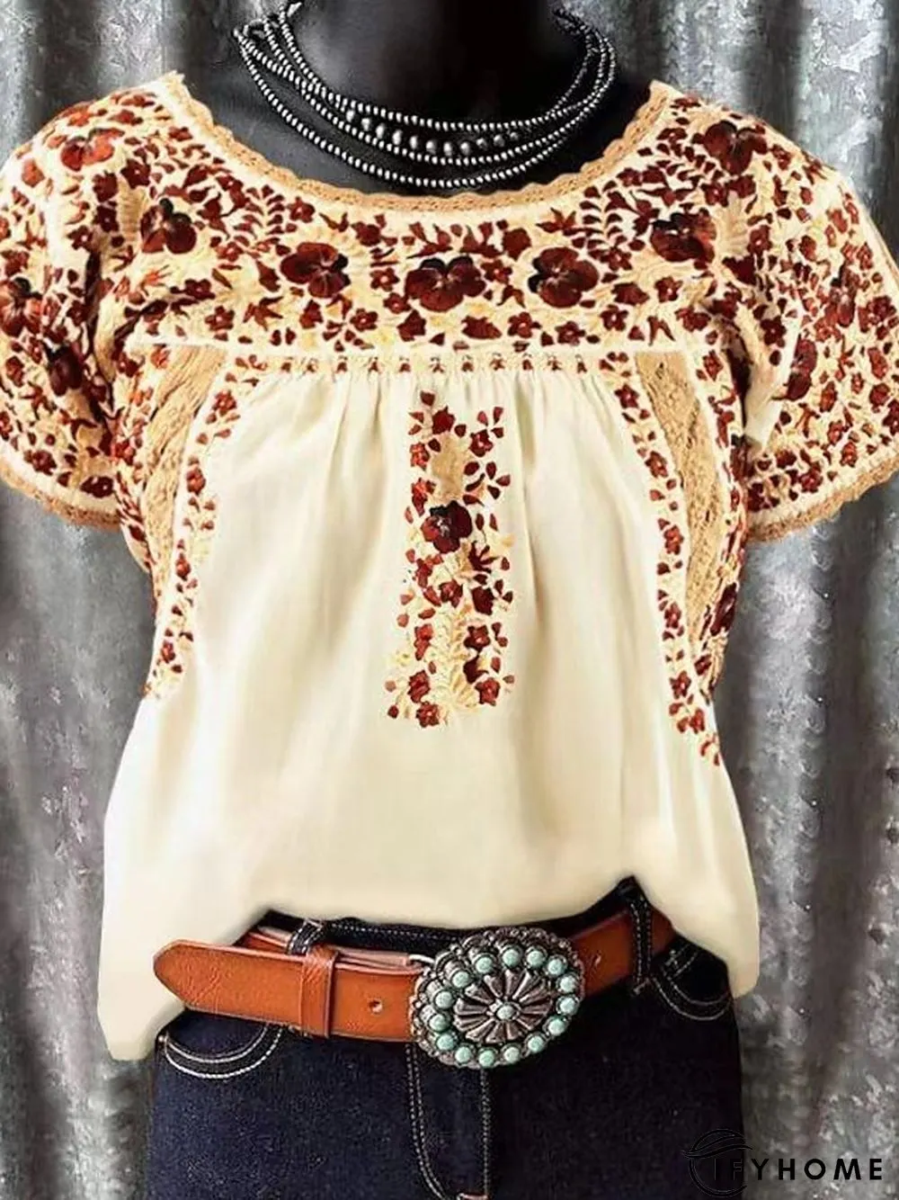 Women's T shirt Tee White khaki Floral Print Short Sleeve Holiday Weekend Basic Round Neck Regular Floral Painting S | IFYHOME