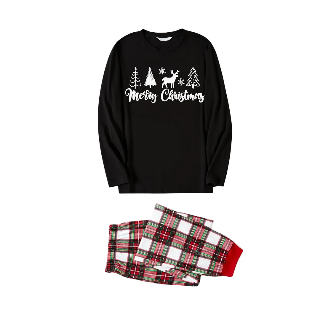 Christmas Pattern and Text Print Black Long Sleeve Top with Red & White & Green Plaid Family Matching Pajamas
