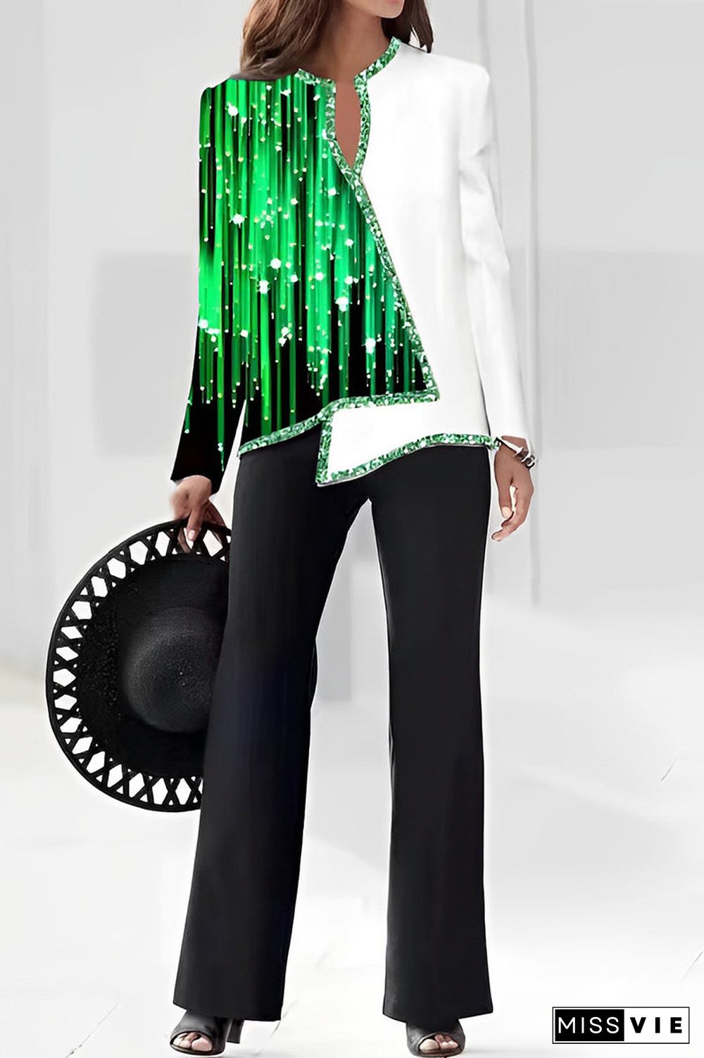 Casual Print Asymmetrical V Neck Long Sleeve Two Pieces