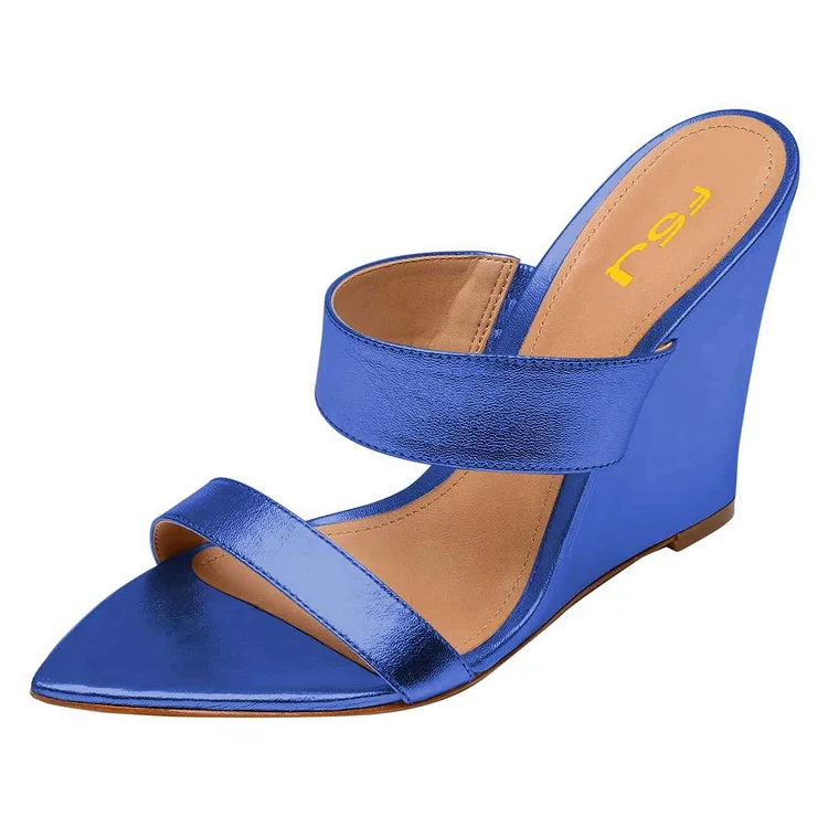 Blue Pointed Toe Wedge Heels Mules Sandals |FSJ Shoes
