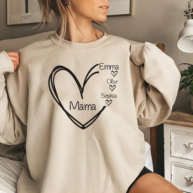 Personalized Mama Heart Printed Sweatshirt with Kids Names,Mothers Day Gift Idea