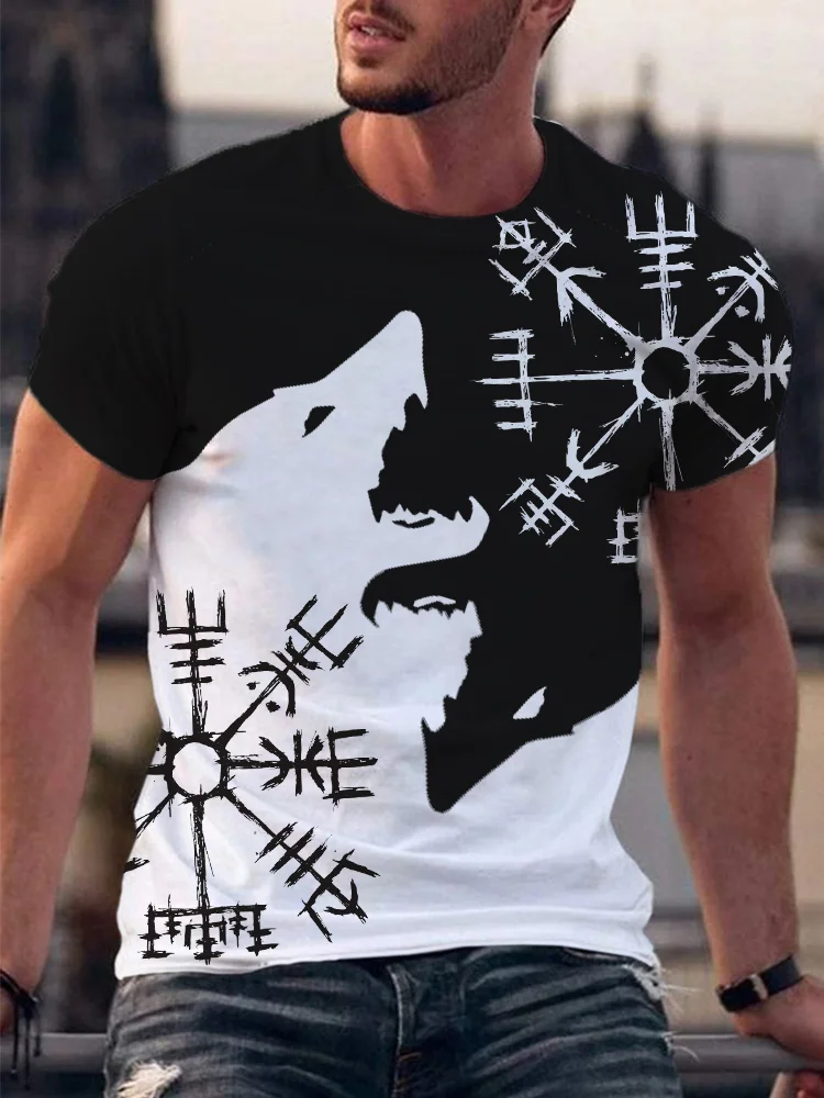 Men's Viking Wolf Contrast Round Neck T Shirt