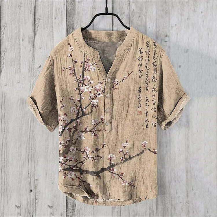 Japanese Vintage Flowers Art Linen Blend Shirt
