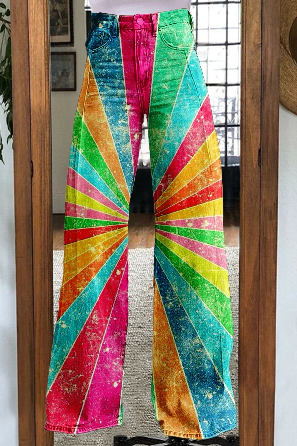Casual   Rainbow Stripe Print Wide-Leg Trousers