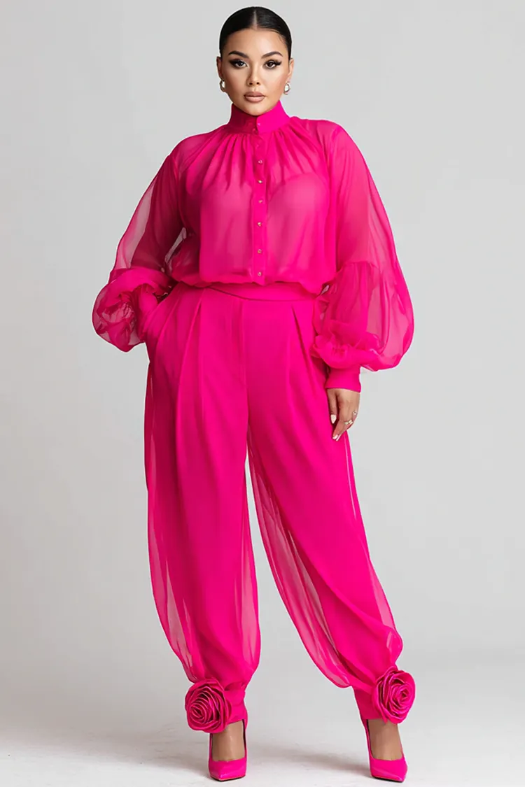 Xpluswear Design Plus Size Business Casual Hot Pink Mock Neck Puff Sleeve Long Sleeve 3D Jogging Chiffon Two Piece Pant Suits [Pre-Order] 2024 - Xpluswear