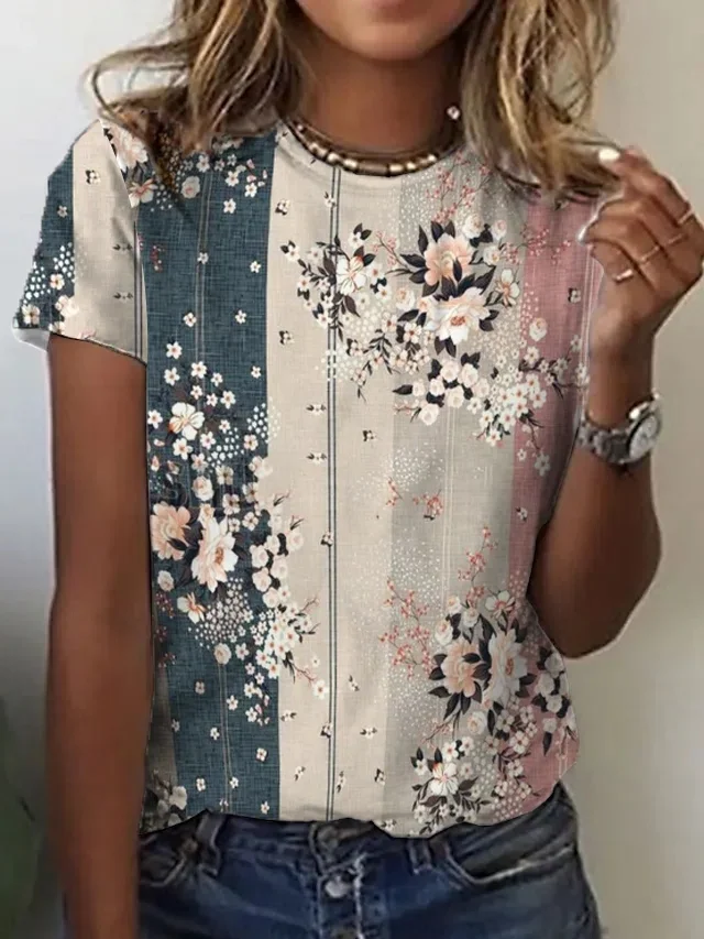 Crew Neck Floral Casual T-Shirt/Tee