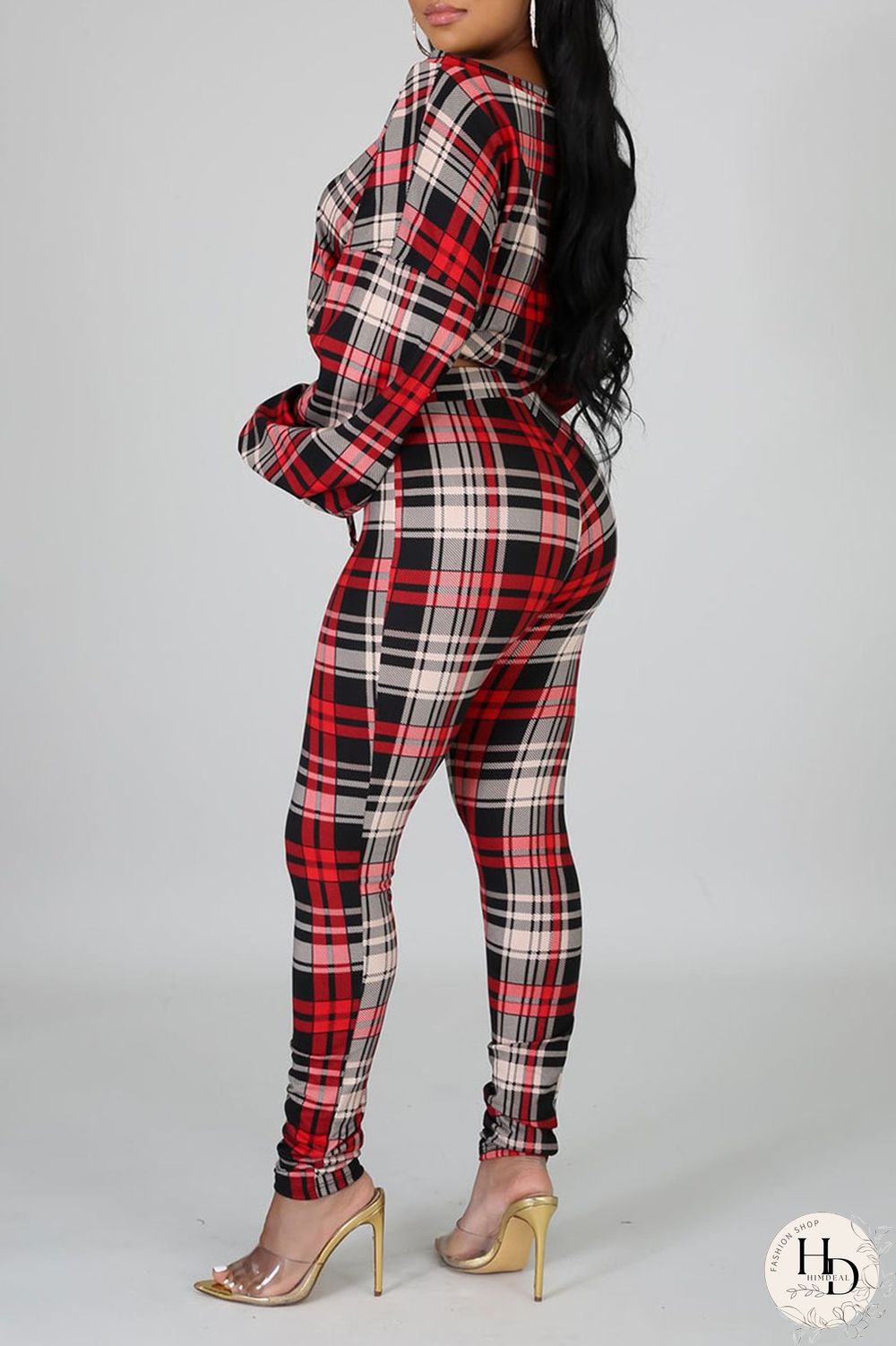 Rose Red Casual Print Split Joint Draw String O Neck Long Sleeve Two Pieces