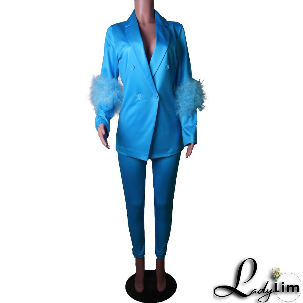 Fall Women Feather Blazer and Pant Two Piece