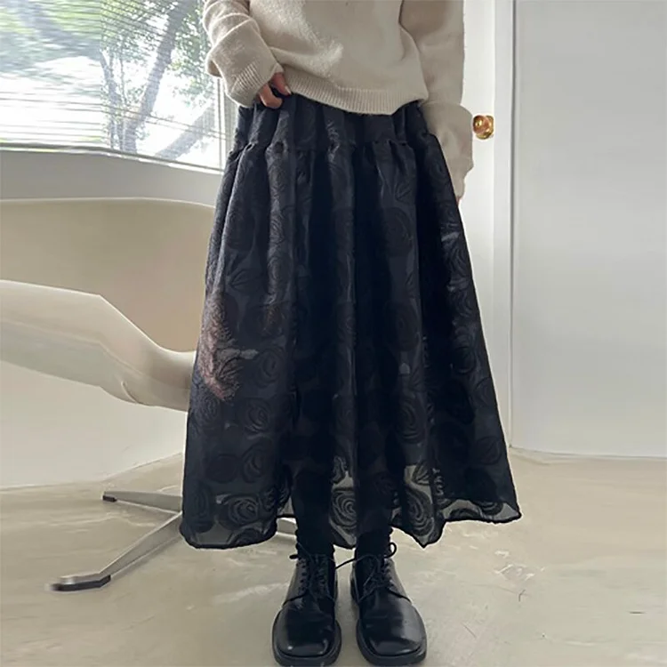 Elegant Solid Color Rose Printed Mesh Yarn Pleated Skirt  