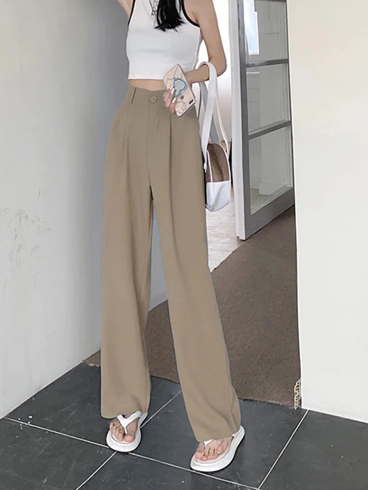 Oocharger Elastic High Waist Women Suit Pants Casual Loose Summer Straight Trousers Korean Simple Solid Female Pant