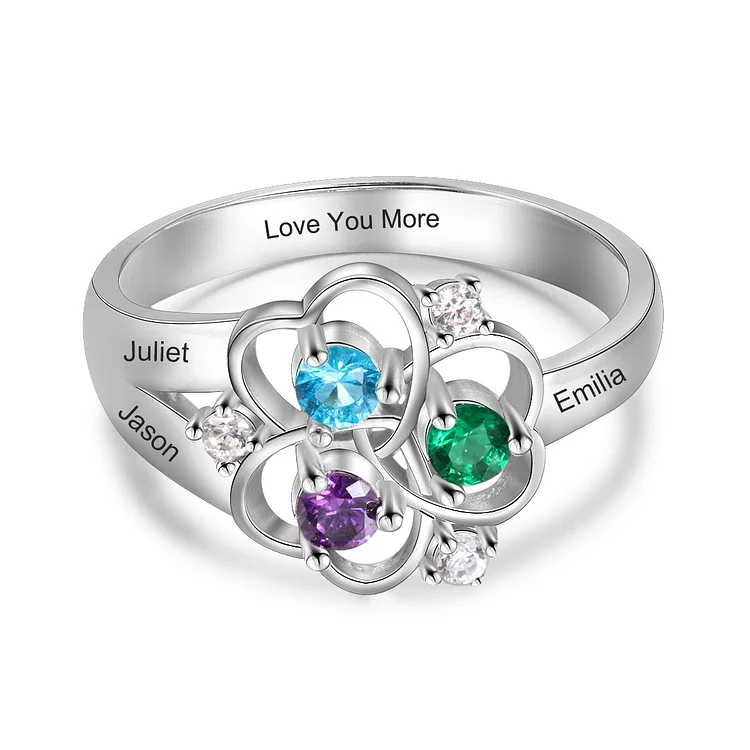 Heart Birthstone Mother Ring 3 Stones Engraved 3 Names Flower Shape Personalized Mom Rings